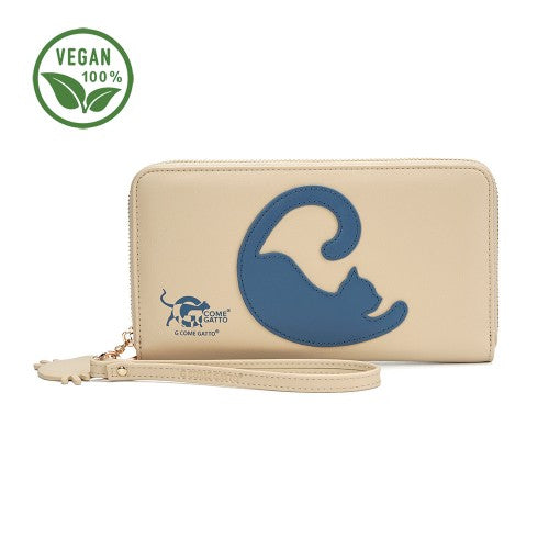 Chic Beige Wallet with Grey-Blue Cat Design