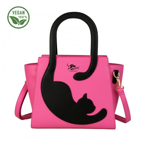 Quirky Fuchsia Black Cat Handbag with Tail Handle