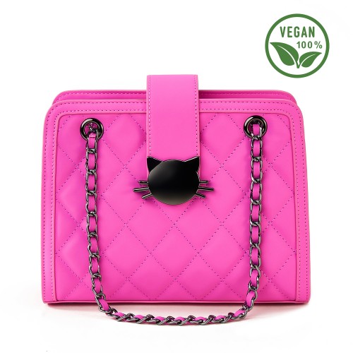 Chic Fuchsia Quilted Handbag with Cat Head Clasp