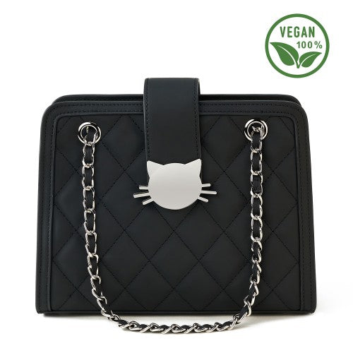 Chic Black Quilted Handbag with Cat Head Clasp