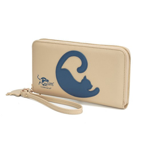 Chic Beige Wallet with Grey-Blue Cat Design