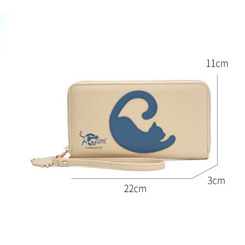 Chic Beige Wallet with Grey-Blue Cat Design