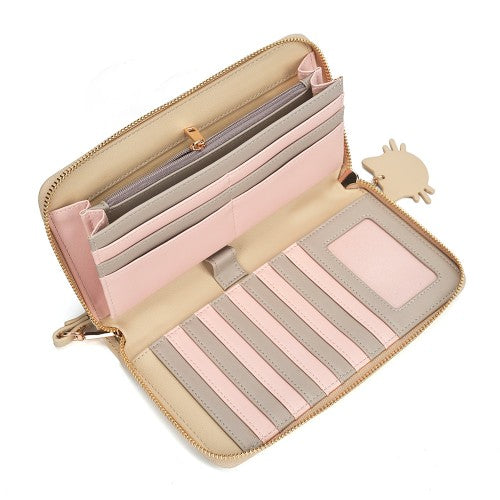 Chic Beige Wallet with Grey-Blue Cat Design