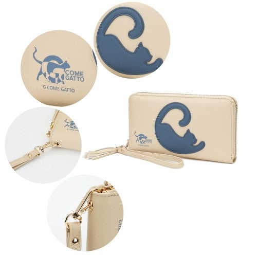Chic Beige Wallet with Grey-Blue Cat Design