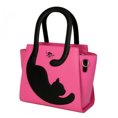 Quirky Fuchsia Black Cat Handbag with Tail Handle