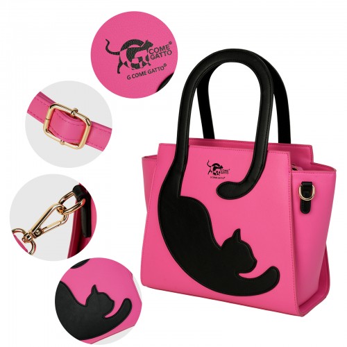 Quirky Fuchsia Black Cat Handbag with Tail Handle