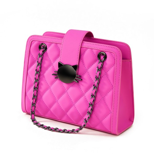 Chic Fuchsia Quilted Handbag with Cat Head Clasp