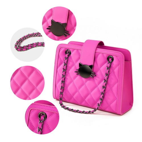 Chic Fuchsia Quilted Handbag with Cat Head Clasp