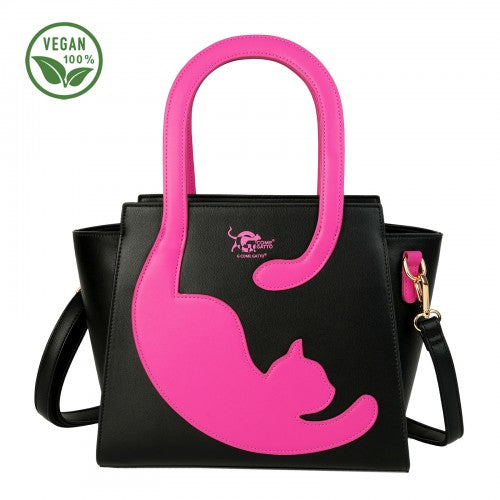 Quirky Black Handbag with Raspberry Pink Cat & Tail Handle