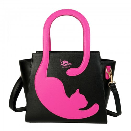 Quirky Black Handbag with Raspberry Pink Cat & Tail Handle