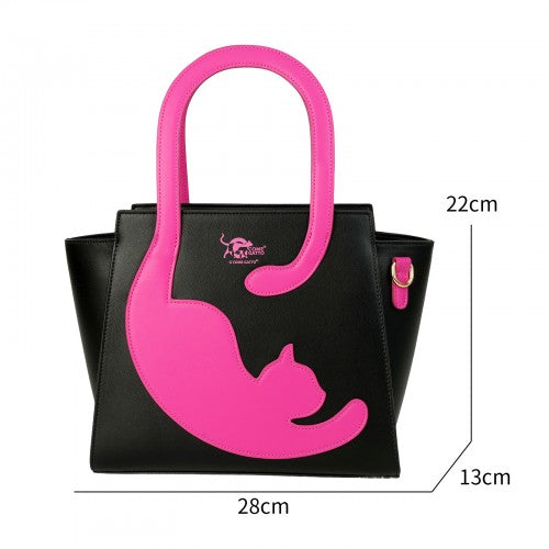 Quirky Black Handbag with Raspberry Pink Cat & Tail Handle