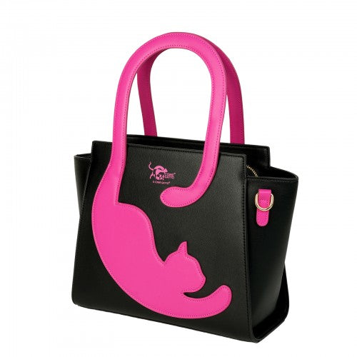 Quirky Black Handbag with Raspberry Pink Cat & Tail Handle