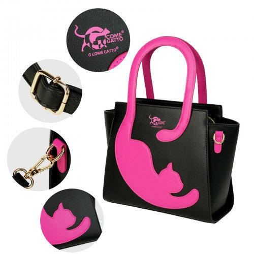 Quirky Black Handbag with Raspberry Pink Cat & Tail Handle