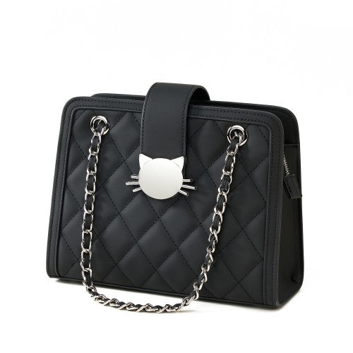 Chic Black Quilted Handbag with Cat Head Clasp