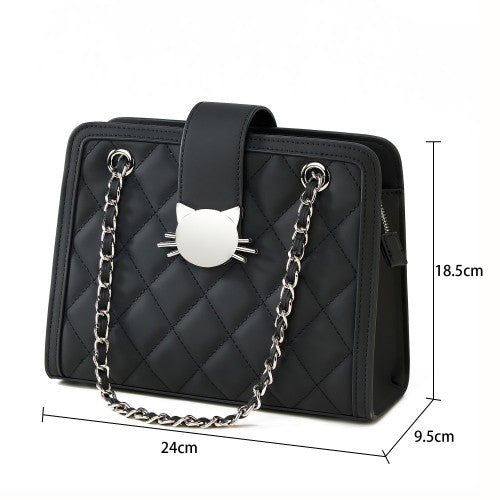 Chic Black Quilted Handbag with Cat Head Clasp