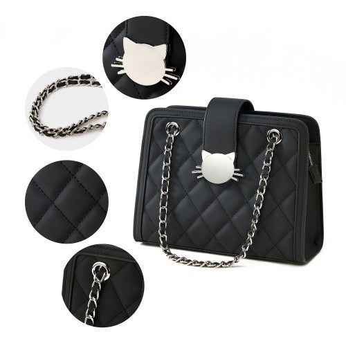 Chic Black Quilted Handbag with Cat Head Clasp
