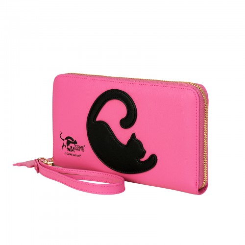 Vibrant Fuchsia Wallet with Black Cat Motif