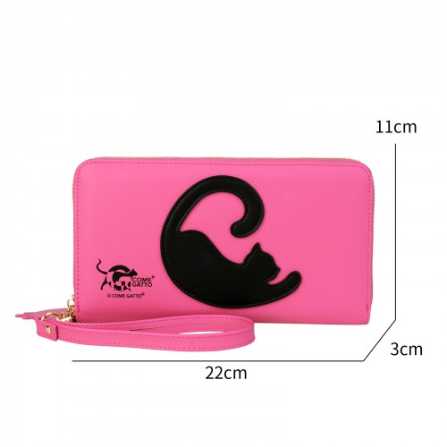 Vibrant Fuchsia Wallet with Black Cat Motif