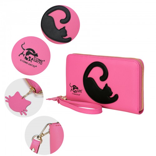 Vibrant Fuchsia Wallet with Black Cat Motif