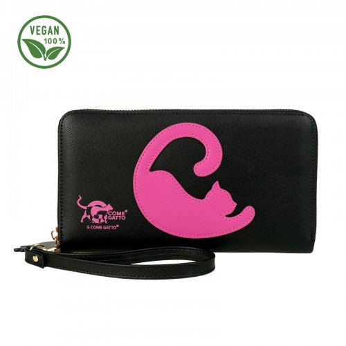Sleek Black Wallet with Raspberry Pink Cat Motif