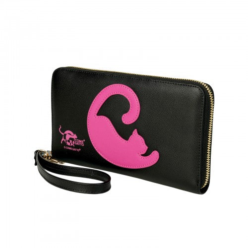 Sleek Black Wallet with Raspberry Pink Cat Motif
