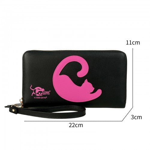 Sleek Black Wallet with Raspberry Pink Cat Motif