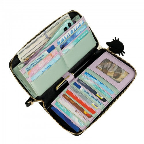 Sleek Black Wallet with Raspberry Pink Cat Motif