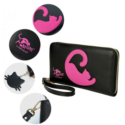 Sleek Black Wallet with Raspberry Pink Cat Motif